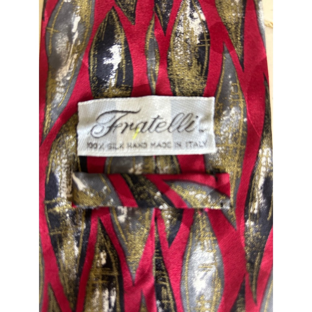 Fratelli Silk Hand Made Tie‎ Italy Red Black Gray Gold Abstract Pattern Mens